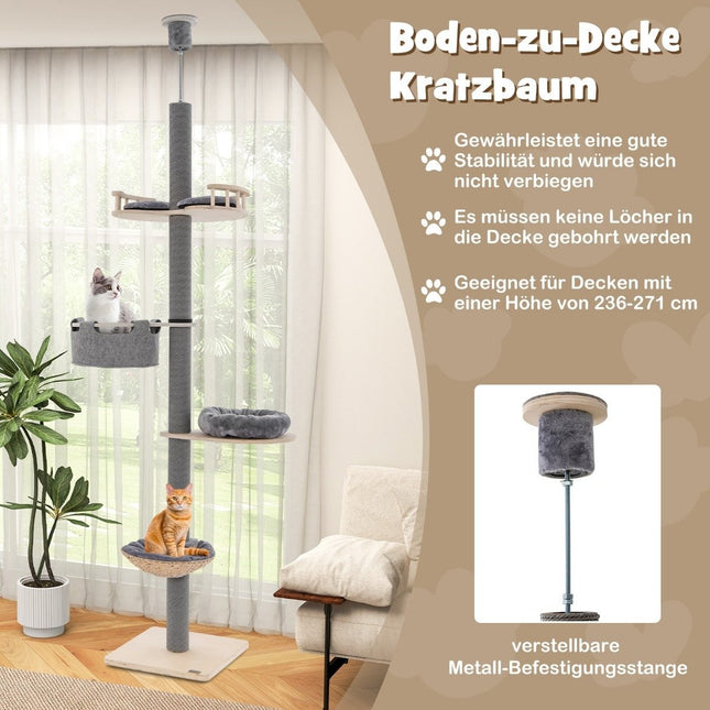 Asināšanas stabs, griestu augstums 236-271 cm, no grīdas līdz griestiem, kaķu mēbeles, koks, pelēks