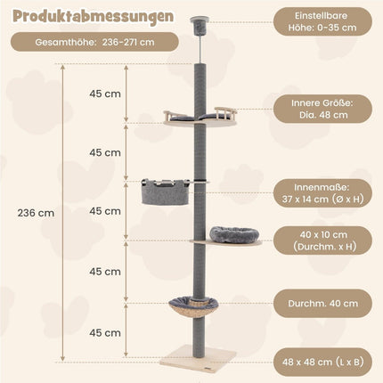 Asināšanas stabs, griestu augstums 236-271 cm, no grīdas līdz griestiem, kaķu mēbeles, koks, pelēks