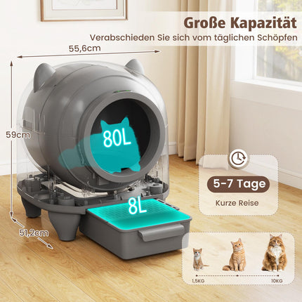 Pašattīroša kaķu pakaišu kaste, 80 l, vadāma ar lietotni, smakas kontrole