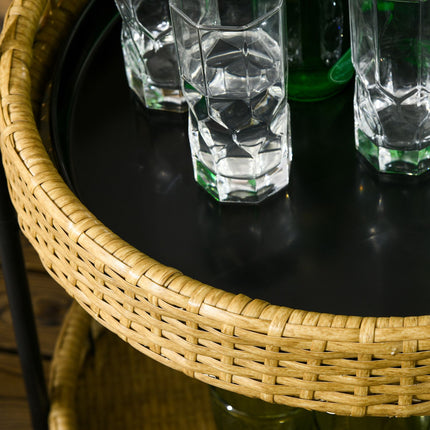 Servēšanas ratiņi, rotangpalmas ratiņi ar 2 plauktiem, dārza ratiņi, apaļi virtuves ratiņi ar rokturiem, āra bāra ratiņi, tērauda rāmis, dabīgs Φ50 x 66 cm
