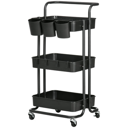 3-level serving trolley in steel with baskets and hooks