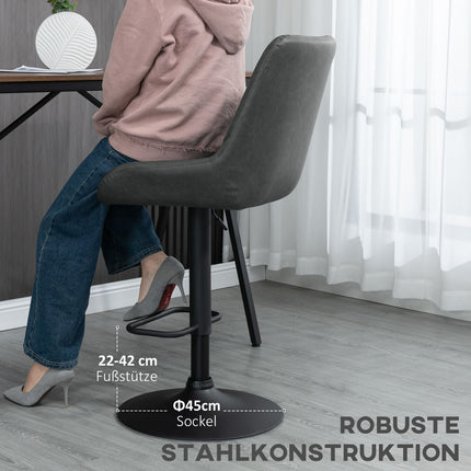 2 bāra krēslu komplekts, virtuves krēsli ar atzveltni, bāra krēsls ar regulējamu augstumu, letes krēsls ar kāju balstu, virtuves krēsls, mākslīgā āda, tumši pelēks