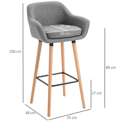 2 bāra krēslu komplekts, lina bāra krēsls ar sēdekļa spilvenu, virtuves krēsls, bistro krēsls ar kāju balstiem, letes krēsls, pelēks, 55 x 48 x 100 cm