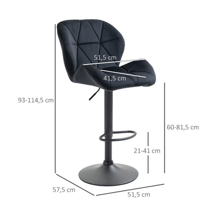 2 bāra krēslu komplekts, grozāmi bāra krēsli ar atzveltni, samta pieskāriens, regulējams augstums, bez roku balstiem, putas, melnas, 51,5 x 57,5 x 93-114,5 cm