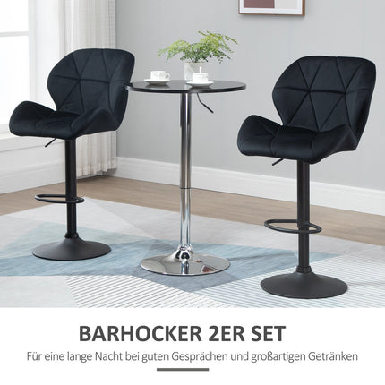 2 bāra krēslu komplekts, grozāmi bāra krēsli ar atzveltni, samta pieskāriens, regulējams augstums, bez roku balstiem, putas, melnas, 51,5 x 57,5 x 93-114,5 cm