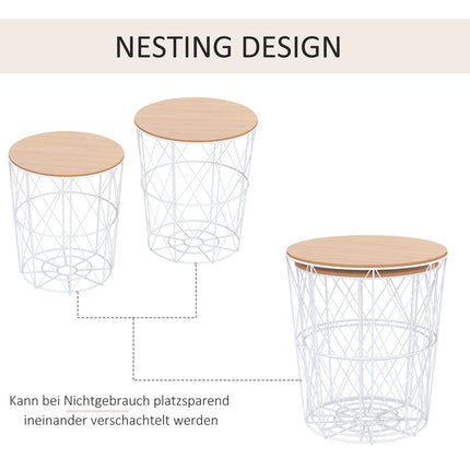 2 kafijas galdiņu komplekts dabīgā un baltā krāsā, divdaļīgs sānu galdiņš, MDF + metāls, viesistabai un guļamistabai, Ø40 x A45 cm