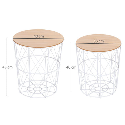 2 kafijas galdiņu komplekts dabīgā un baltā krāsā, divdaļīgs sānu galdiņš, MDF + metāls, viesistabai un guļamistabai, Ø40 x A45 cm
