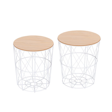 2 kafijas galdiņu komplekts dabīgā un baltā krāsā, divdaļīgs sānu galdiņš, MDF + metāls, viesistabai un guļamistabai, Ø40 x A45 cm