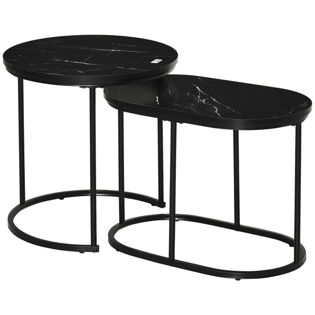 2 kafijas galdiņu komplekts, apaļš, ovāls, sakraujams, ar mākslīgā marmora malām, svars līdz 30 kg, MDF, tērauds, melns, Ø50 x 50,5 cm
