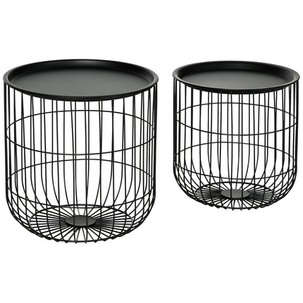 Set of 2 coffee tables in black steel with storage