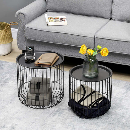 Set of 2 coffee tables in black steel with storage