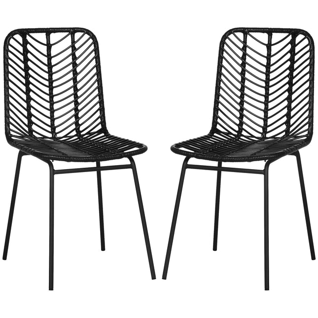 Set of 2 dining chairs in black rattan with backrest