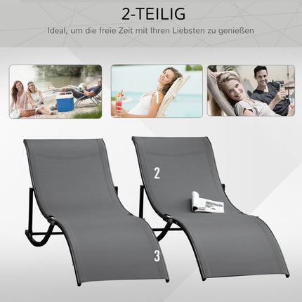 Set of 2 ergonomic sun loungers, dark gray textile