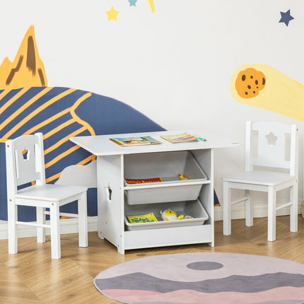 Komplekts ar 1 bērnu galdu un 2 krēsliem, MDF, mazuļiem, balts + pelēks, 71x48x49,5 cm