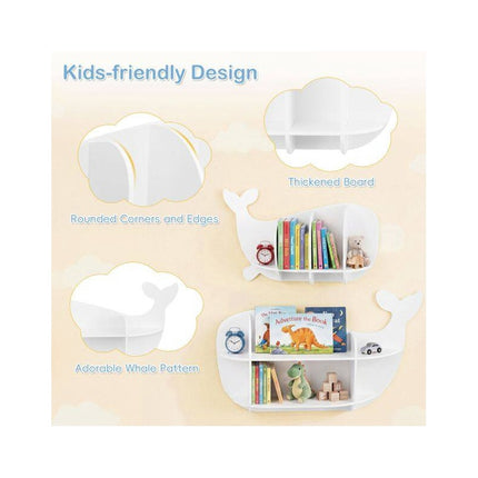 Set of 2 Whale Wall Shelves for Kids with Compartments, White, MDF
