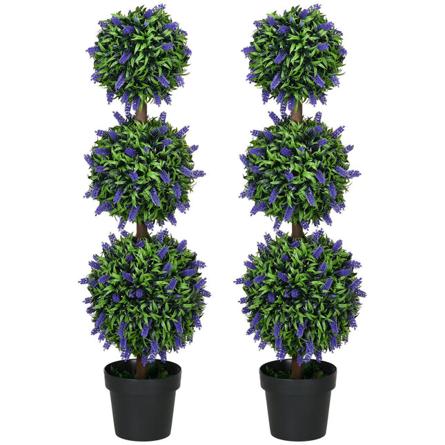 2 mākslīgo lavandas koku komplekts, lieli 110 cm mākslīgie augi, plastmasas mākslīgie augi podā, UV izturīgi mākslīgie ziedi ar 3 bumbiņām viesistabai, guļamistabai, birojam, dārzam