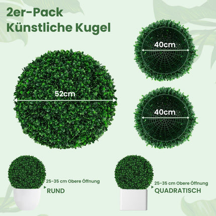 2 buksusa bumbiņu komplekts, 52 cm, buksusa bumbiņas, mākslīgais augs, UV staru izturīgs, tumši zaļš