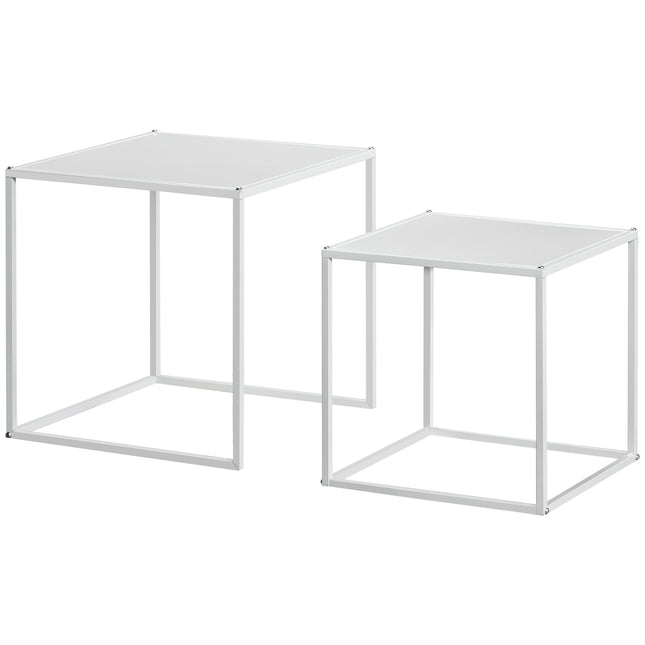 2 kafijas galdiņu komplekts, kvadrātveida sānu galdiņi, kafijas galdiņš ar tērauda rāmi, dīvāna galdiņš modernā dizainā, viesistabai, kravnesība līdz 10 kg, balts