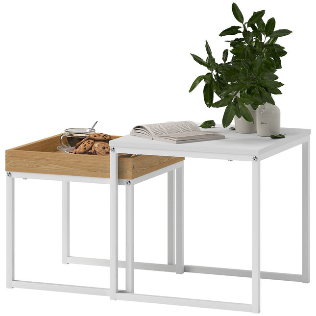 2 kafijas galdiņu komplekts, kvadrātveida sānu galdiņi, kafijas galdiņš ar tērauda rāmi, dīvāna galdiņš modernā dizainā, viesistabai, kravnesība līdz 30 kg, balts + ozols