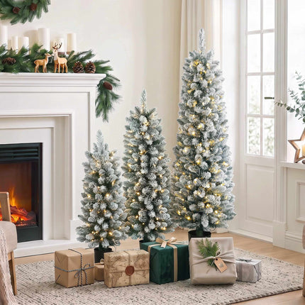Set of 3 Snow-Flocked LED Christmas Trees 90/120/150 cm, Slim, 8 Light Modes