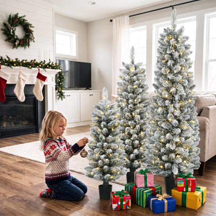 Set of 3 Snow-Flocked LED Christmas Trees 90/120/150 cm, Slim, 8 Light Modes