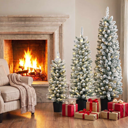 Set of 3 Snow-Flocked LED Christmas Trees 90/120/150 cm, Slim, 8 Light Modes