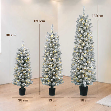 Set of 3 Snow-Flocked LED Christmas Trees 90/120/150 cm, Slim, 8 Light Modes