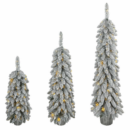 Set of 3 Snow-Flocked Pre-Lit Pencil Christmas Trees, 90/120/150 cm, Silver Pots