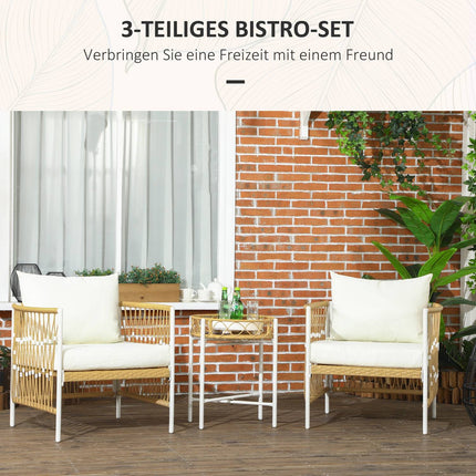Rattan garden furniture: 3 pieces, cushions, yellow/cream