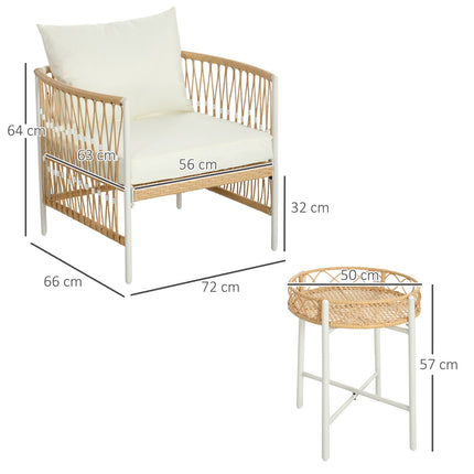 Rattan garden furniture: 3 pieces, cushions, yellow/cream
