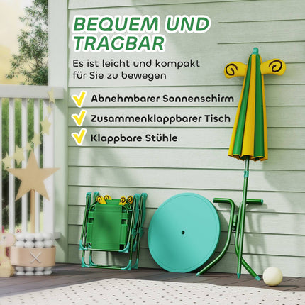 4 bērnu dārza sēdvietu komplekts ar 2 saliekamiem krēsliem, regulējamu augstumu saulessargu, dārza galdu, bišu rakstu bērniem vecumā no 2 līdz 5 gadiem, zaļš |