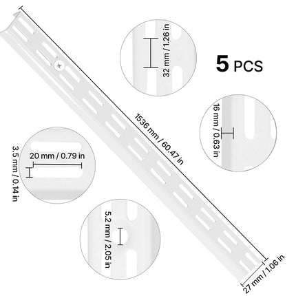Shelf Pilaster Rails, 60-Inch, 5-Pack, White Steel