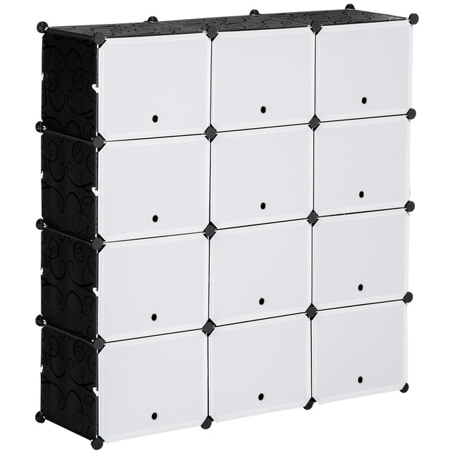 Apavu skapis ar 12 kubiņiem, pašdarināts, iebūvējams plaukts ar durvīm, plastmasa, tērauds, melns + balts, 125 x 32 x 125 cm