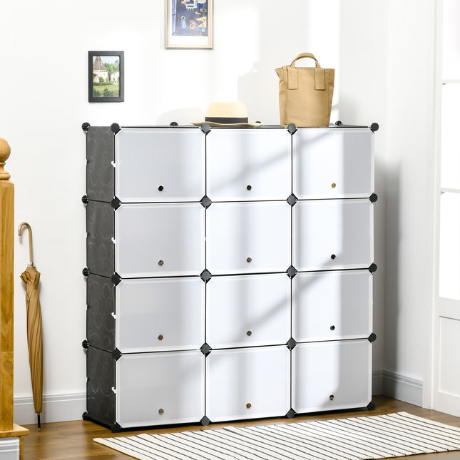 Apavu skapis ar 12 kubiņiem, pašdarināts, iebūvējams plaukts ar durvīm, plastmasa, tērauds, melns + balts, 125 x 32 x 125 cm