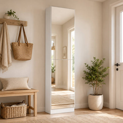 Apavu skapis ar spoguli, šaurs, 5 līmeņi, balts, 50x20x180cm