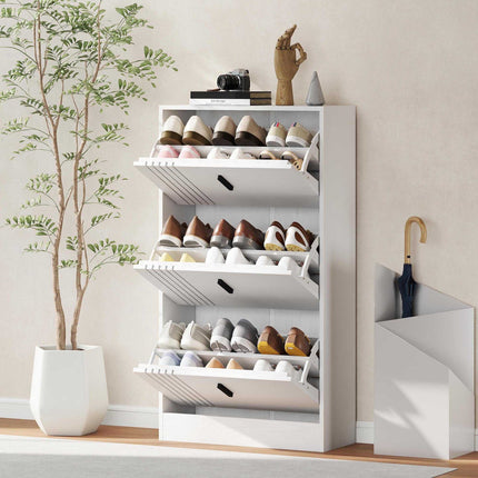 Shoe Cabinet for 18 Pairs with 3 Flip-Down Doors, Adjustable Shelves, White