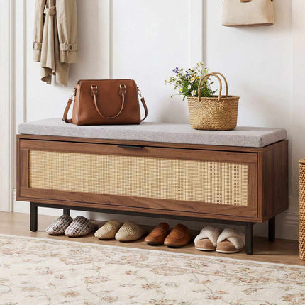 Shoe Storage Bench with Padded Cushion and Flip-Down Door, Brown, 100 cm