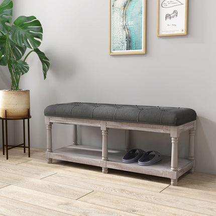 Apavu sols ar sēdekli, apavu plaukts ar uzglabāšanas vietu, polsterēts sols ar koka kājām, lina imitācija, pelēks, 115 x 40 x 48 cm