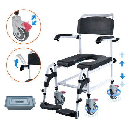 Shower Commode Wheelchair, 350 lb, Adjustable Height