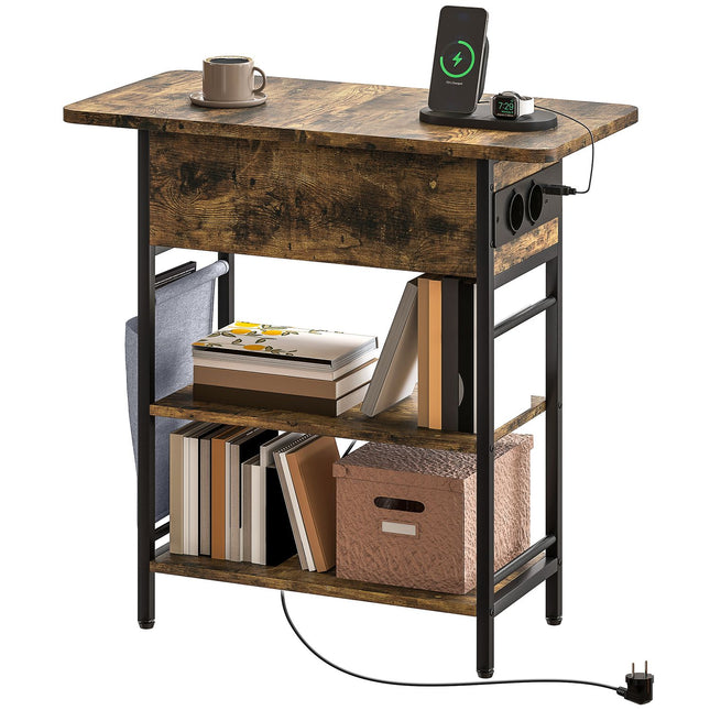 Side Table with Power Strip, USB Ports, 2-Tier Storage, Rustic Brown