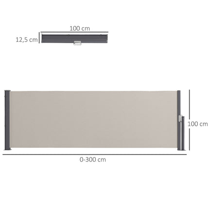 Sānu tentu pagarināma dārza tentu siena 300x100 cm ar UV aizsardzību pret vēju, kas izgatavota no poliestera gaiši pelēkā krāsā