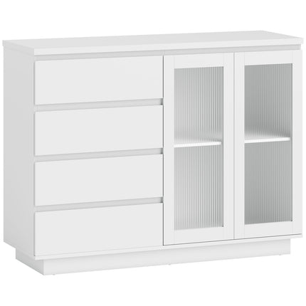 Kumode ar 4 atvilktnēm, 2 stikla durvīm, MDF, balta