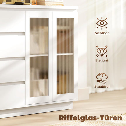 Kumode ar 4 atvilktnēm, 2 stikla durvīm, MDF, balta