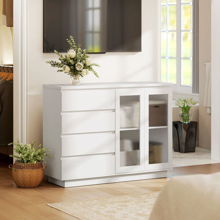 Kumode ar 4 atvilktnēm, 2 stikla durvīm, MDF, balta