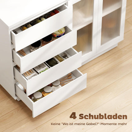 Kumode ar 4 atvilktnēm, 2 stikla durvīm, MDF, balta