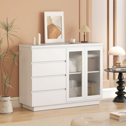 Kumode ar 4 atvilktnēm, 2 stikla durvīm, MDF, balta