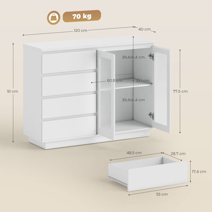 Kumode ar 4 atvilktnēm, 2 stikla durvīm, MDF, balta