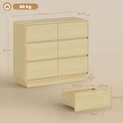 Kumode ar 6 atvilktnēm, 100 cm, dabīgā koka apdare