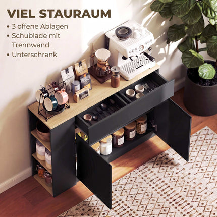 Sideboard with Drawer, Cabinet and 3 Open Shelves, Black, 110 x 29.5 x 82 cm