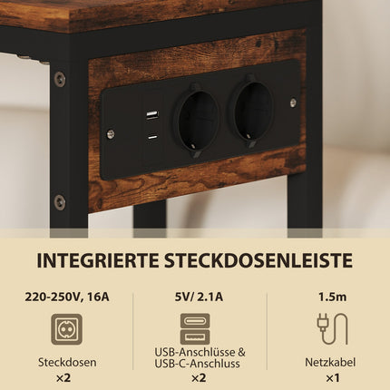 Sānu galdiņš ar rozetēm, USB portiem, kabeļiem, C formas dizains